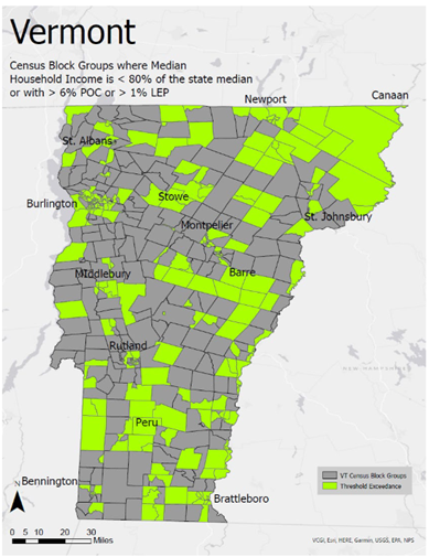 Map of Vermont census blocks that show areas where annual median household income is not more than 80 percent of the State median household income or Persons of Color and Indigenous Peoples comprise at least six percent or more of the population or at least one percent or more of households have limited English proficiency